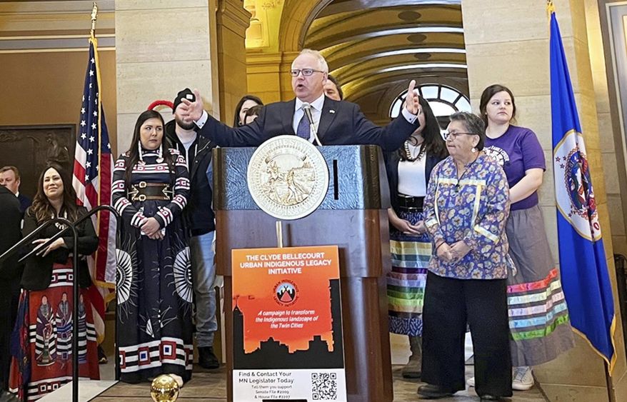 This image provided by MinnPost shows Minnesota Gov. Tim Walz speaking to the crowd about the Clyde Bellecourt Urban Indigenous Initiative inside the Minnesota State Capitol Rotunda in March. (Ava Kian/MinnPost via AP)