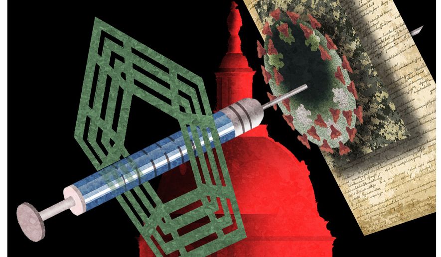 Illustration on Department of Defense’s COVID-19 vaccine mandate for the military by Alexander Hunter/The Washington Times