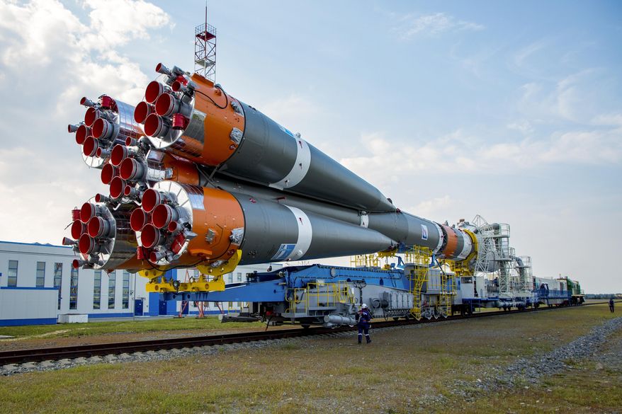 In this photo released by Roscosmos State Space Corporation, the Soyuz-2.1b rocket with the moon lander Luna 25 automatic station is transported to a launch pad at the Vostochny Cosmodrome in the Russian Far East on Tuesday, Aug. 8, 2023. Luna 25 is a Russian lunar lander mission scheduled to launch later in August. (Roscosmos State Space Corporation via AP)