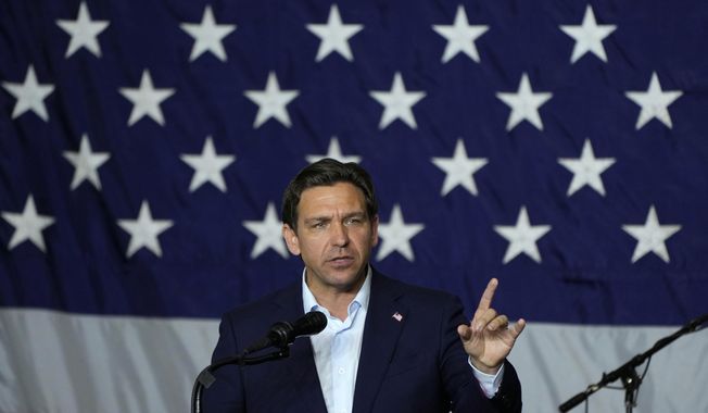 Republican presidential candidate Florida Gov. Ron DeSantis speaks during a fundraising event for Rep. Ashley Hinson, R-Iowa, Aug. 6, 2023, in Cedar Rapids, Iowa. DeSantis is dismissing concerns about his latest staffing shakeup as he returns to Iowa in the midst of a weekslong campaign reset. (AP Photo/Charlie Neibergall, File)