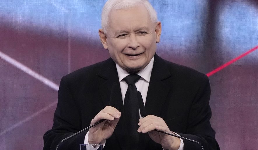 FILE - Jaroslaw Kaczynski, the head of Poland's ruling Law and Justice party, speaks to a party convention in Warsaw, Poland, Sunday, May 14, 2023. Poland's ruling party leader Jaroslaw Kaczynski said Friday, Aug. 11, 2023, that Polish voters will be asked to decide whether they support the sell-off of state-owned enterprises in a referendum, saying it would be about “whether the wealth of generations will remain in Polish hands.” (AP Photo/Czarek Sokolowski, File)