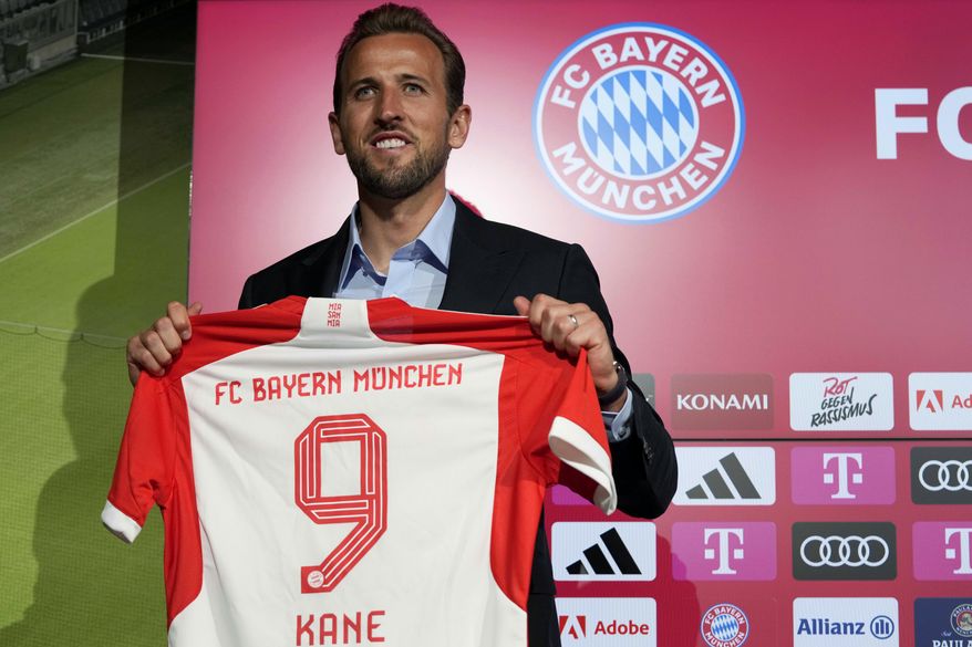 New Bayern Munich player Harry Kane poses after a news conference at the Allianz Arena stadium in Munich, Germany, Sunday, Aug. 13, 2023. (AP Photo/Matthias Schrader)