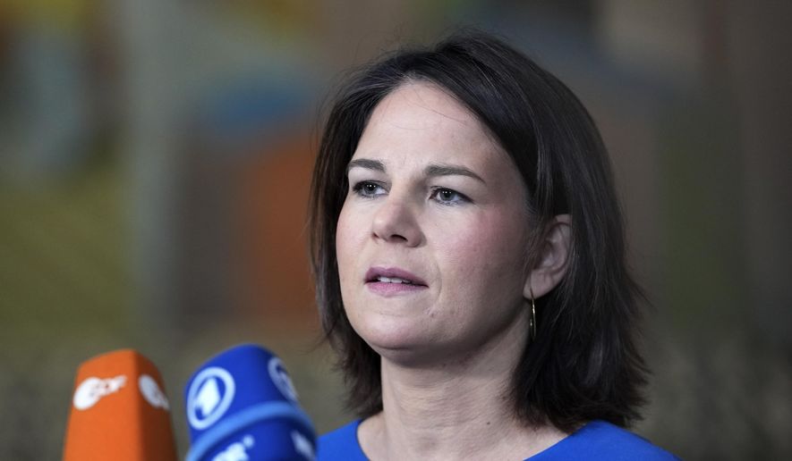 Germany's Foreign Minister Annalena Baerbock makes statements during a meeting of NATO foreign ministers in Oslo, Norway, Thursday, June 1, 2023. Germany's foreign minister was stuck in Abu Dhabi on Monday, Aug. 14, 2023, after a technical fault on her government plane — the latest in a succession of such incidents — forced it to return to the airport there rather than continuing to Australia. (AP Photo/Sergei Grits, File)