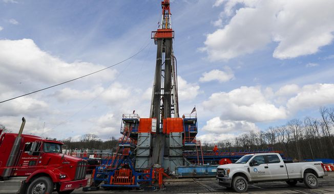FILE - Work continues at a shale gas well drilling site in St. Mary&#x27;s, Pa., March 12, 2020. A team of that has spent four years studying the health effects of natural gas fracking in southwestern Pennsylvania is set to present its findings Tuesday, Aug. 15, 2023. (AP Photo/Keith Srakocic, File)
