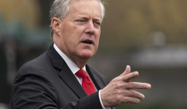 White House Chief of Staff Mark Meadows speaks with reporters at the White House in Washington on Oct. 21, 2020. (AP Photo/Alex Brandon) ** FILE **
