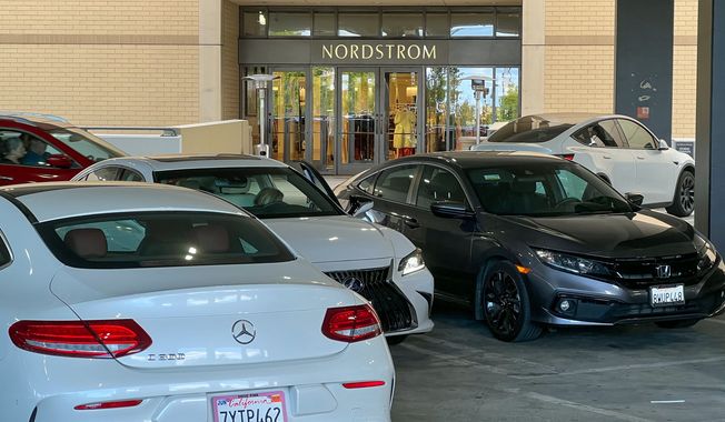 Canoga park CA USA may 5 2023 garage entrance to Nordstrom at the Topanga plaza mall. Upscale retailer at Westfield shopping mall. File photo credit: Catherine Haggerty via Shutterstock.