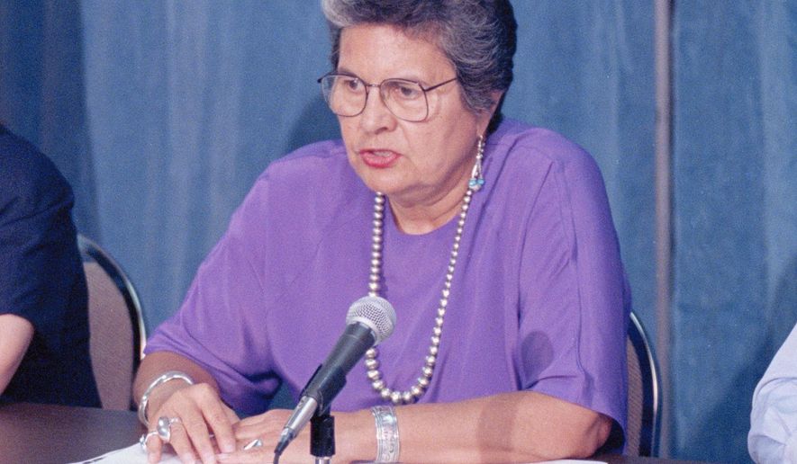 FILE - Ada Deer, assistant Interior Secretary for Indian Affairs, meets reporters at the Interior Department, Sept. 7, 1995, in Washington. Deer, an esteemed Native American leader from Wisconsin and the first woman to lead the Bureau of Indian Affairs, has died at age 88. She passed away Tuesday evening, Aug. 15, 2023, from natural causes. (AP Photo/Charles Tasnadi, File)