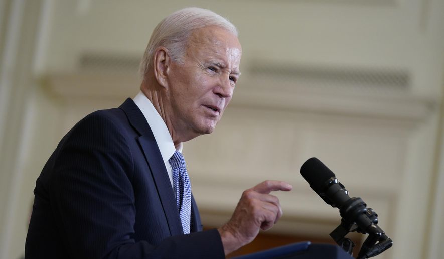 President Joe Biden speaks on the anniversary of the Inflation Reduction Act during an event in the East Room of the White House, Wednesday, Aug. 16, 2023, in Washington. (AP Photo/Evan Vucci)