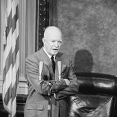 FILE - President Dwight Eisenhower discusses a possible summit conference at his meeting with reporters March 25, 1959. Eisenhower said that he believes the Western powers will have to meet at the summit with Soviet Premier Khrushchev to get any sort of valid agreement on German problems. (AP Photo/Charles Gorry, File)