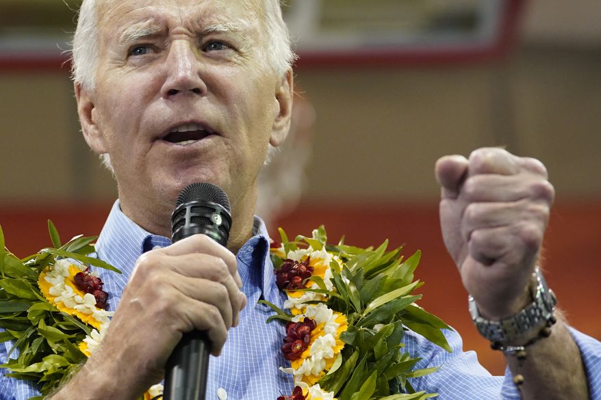 President Joe Biden speaks as he meet with community members impacted by the Maui wildfires at Lahaina Civic Center, Monday, Aug. 21, 2023, in Lahaina, Hawaii. (AP Photo/Evan Vucci)