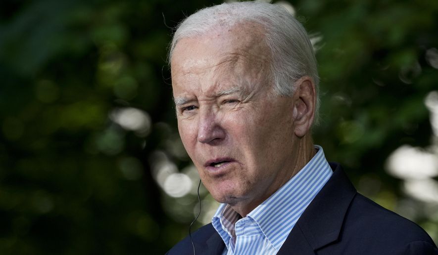 President Joe Biden speaks during a joint news conference with Japanese Prime Minister Fumio Kishida and South Korean President Yoon Suk Yeol Friday, Aug. 18, 2023, at Camp David, the presidential retreat, near Thurmont, Md. (AP Photo/Alex Brandon) ** FILE **