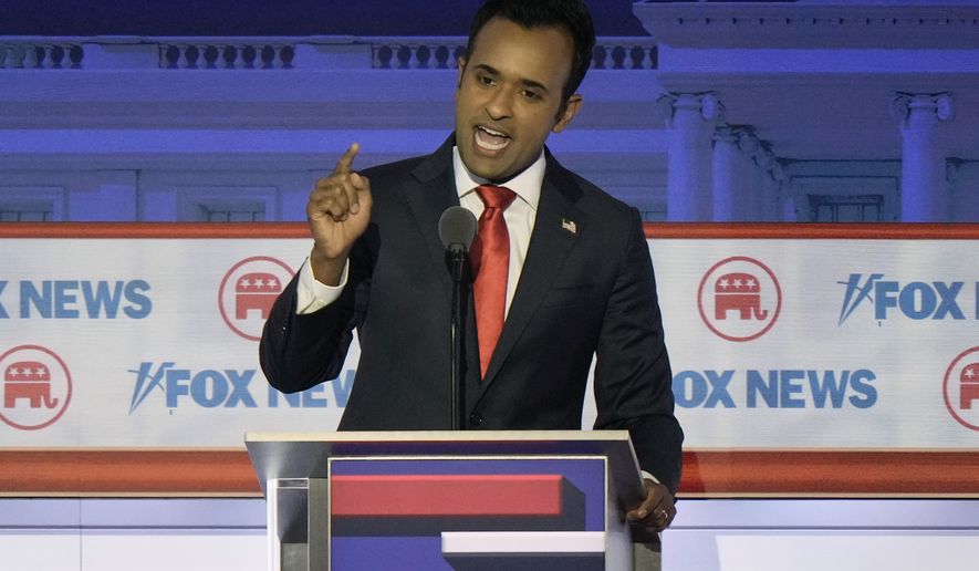 Republican presidential candidate businessman Vivek Ramaswamy speaks during a Republican presidential primary debate hosted by FOX News Channel Wednesday, Aug. 23, 2023, in Milwaukee. (AP Photo/Morry Gash)