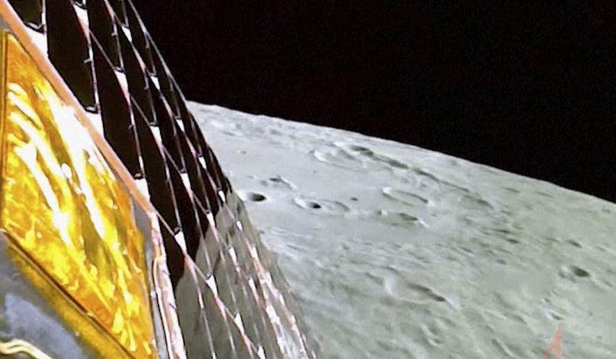 This image from video provided by the Indian Space Research Organisation shows the surface of the moon as the Chandrayaan-3 spacecraft prepares for landing on Wednesday, Aug. 23, 2023. India became the first country to land a spacecraft near the moon’s south pole, which scientists believe could hold vital reserves of frozen water. (ISRO via AP)