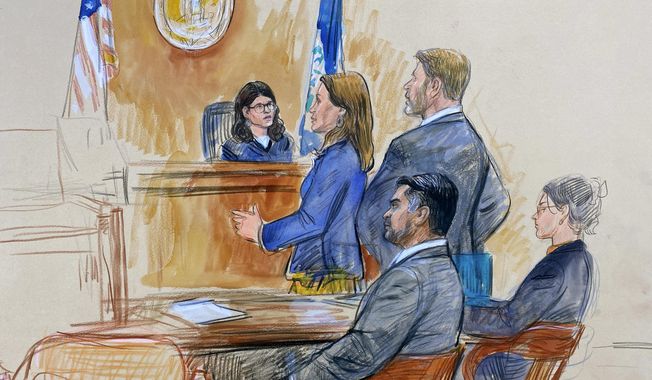 This artist sketch depicts Judge Dipti Pidikiti-Smith of the Fairfax County General District Court, presiding over the assault and battery trial of CIA officer trainee Ashkan Bayatpour, seated left, in Fairfax, Va., Wednesday, Aug. 23, 2023. Standing in front of the judge are the prosecutor, Deputy Commonwealth&#x27;s Attorney Jenna Sands, left, and Bayatpour&#x27;s defense lawyer Stuart A. Sears, right. The judge found Bayatpour guilty Wednesday of attacking a fellow CIA trainee with a scarf in the stairwell of CIA headquarters at Langley last year. Seated right is an unidentified defense team member. (Dana Verkouteren via AP)