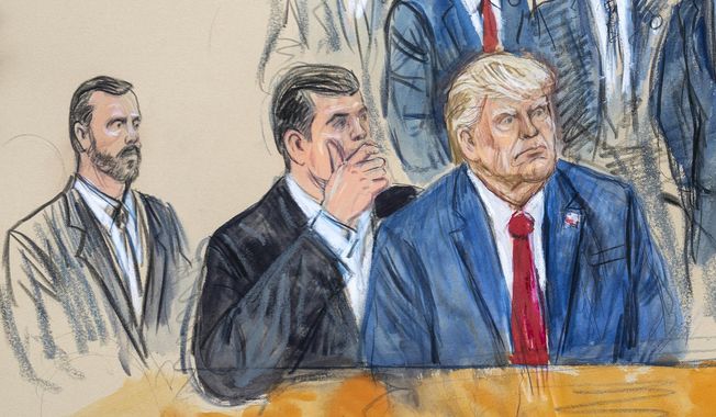 This artist sketch depicts former President Donald Trump, right, conferring with defense lawyer Todd Blanche, center, during his appearance at the federal courthouse in Washington, Thursday, Aug. 3, 2023. Special counsel Jack Smith sits at left. Lawyers for Trump are due back in court Monday, Aug. 28, as a federal judge considers radically conflicting proposals for a trial date in the case accusing him of working to overturn the results of the 2020 presidential election. (Dana Verkouteren via AP, File)