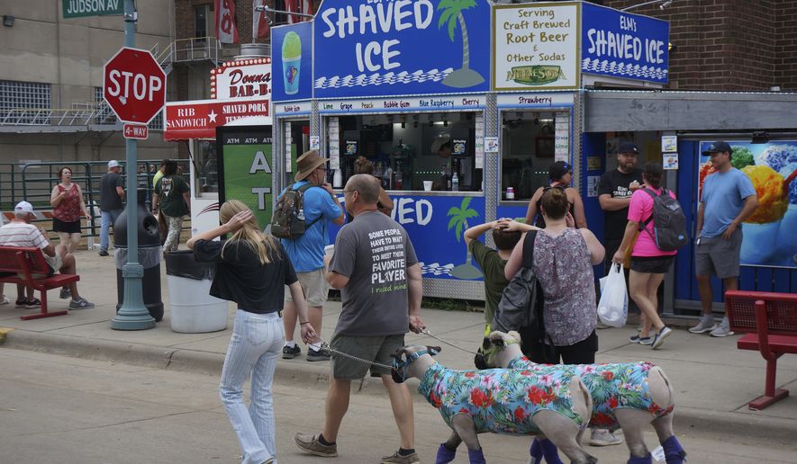 Two fairgoers walk their sheep on the opening day of the Minnesota State Fair in Falcon Heights, Minn., on Thursday, Aug. 24, 2023. (AP Photo/Giovanna Dell'Orto) ** FILE **