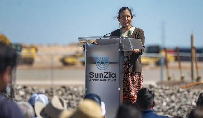 U.S. Secretary of the Interior Deb Haaland speaks during a groundbreaking ceremony for the SunZia transmission line project in Corona, N.M. on Friday, Sept. 1, 2023. Haaland said the Bureau of Land Management consistently sought collaboration to develop the best possible route for the line. (Jon Austria/The Albuquerque Journal via AP) **FILE**