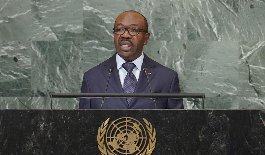 President of Gabon Ali Bongo Ondimba addresses the 77th session of the United Nations General Assembly, on Sept. 21, 2022, at U.N. headquarters. Gabon’s junta says the country’s ousted President Ali Bongo Ondimba, who has been under house arrest since he was deposed last week, is now freed and can travel on a medical trip. The junta said this on Wednesday just as it met with various local and regional authorities, promising a better life for Gabonese. (AP Photo/Mary Altaffer, File)