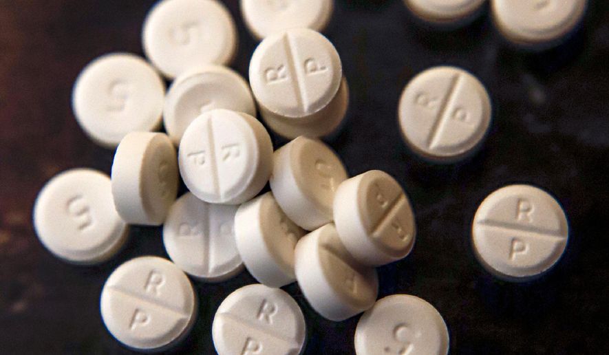 A number of 5-mg pills of Oxycodone are displayed on June 17, 2019. Data released Tuesday, Sept. 12, 2023, shows that the number of prescription pills shipped in the U.S. continued to decline through the end of the 2010s, even as the overdose crisis deepened due to illicit opioids. (AP Photo/Keith Srakocic) **FILE**