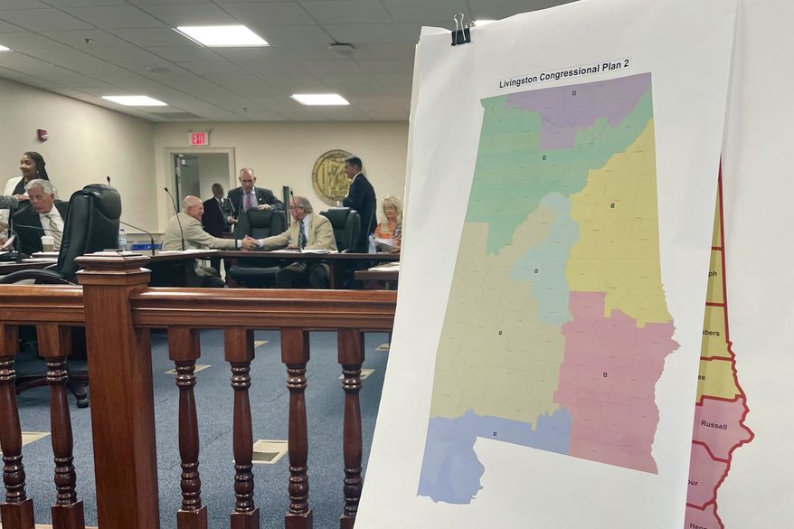 A map of a GOP proposal to redraw Alabama's congressional districts is displayed at the Alabama Statehouse in Montgomery, Ala., July 18, 2023. Alabama on Monday, Sept. 11, asked the U.S. Supreme Court to let it keep Republican-drawn congressional lines in place as the state continues to fight a court order to create a second district where Black voters constitute a majority or close to it. (AP Photo/Kim Chandler, File)
