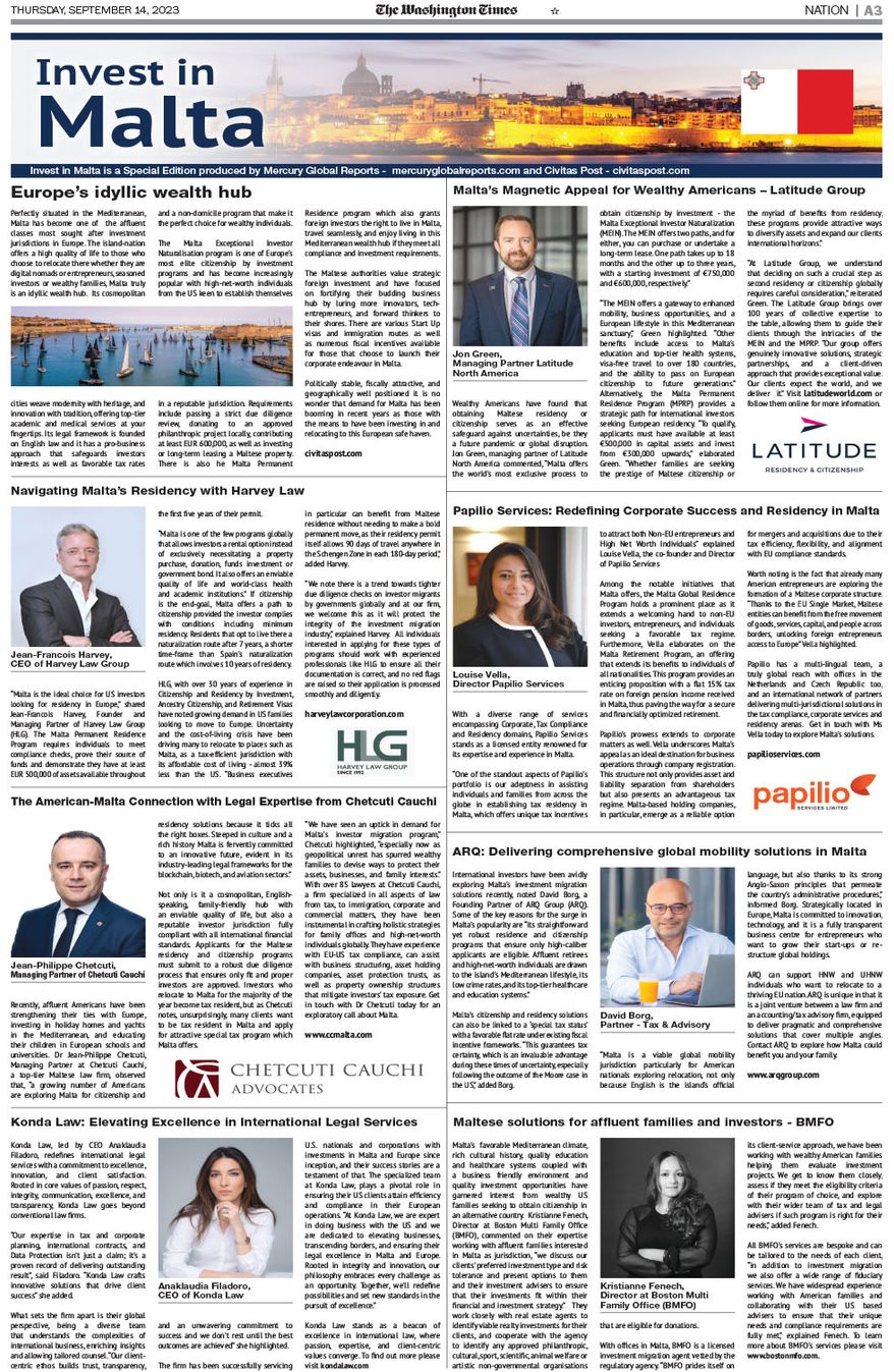 Invest in Malta is available in the September 14, 2023, edition of The Washington Times. (cover)