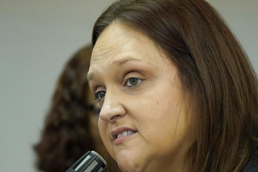 FILE - Greta Kemp Martin, the Democratic nominee for Mississippi attorney general, discusses her proposal to create a fair labor division as part of the attorney general's office during a news conference, Aug. 31, 2023, in Jackson, Miss. She is challenging Republican incumbent Lynn Fitch in November's general election. (AP Photo/Rogelio V. Solis, File)