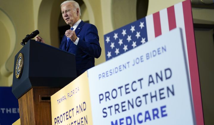 =President Joe Biden speaks about his administration&#x27;s plans to protect Social Security and Medicare and lower health care costs, Thursday, Feb. 9, 2023, at the University of Tampa in Tampa, Fla. (AP Photo/Patrick Semansky) **FILE**