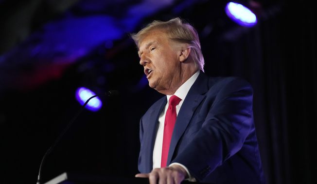 Former President Donald Trump speaks at a campaign event on Saturday, July 8, 2023, in Las Vegas. Trump is dominating the early stages of the Republican presidential primary even as he&#x27;s refused to endorse a federal ban on abortion, allowing some top rivals to get to the right of him on an issue that animates many conservative activists. (AP Photo/John Locher, File)