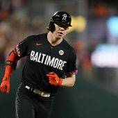 Baltimore Orioles&#x27; Heston Kjerstad runs the bases after connecting for a solo home run, his first major league hit, to break up a no-hitter bid by Tampa Bay Rays starting pitcher Zach Eflin in the sixth inning of a baseball game, Friday, Sept. 15, 2023, in Baltimore. (AP Photo/Julio Cortez)