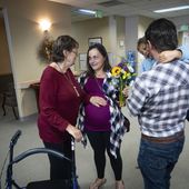 Alisha Alderson, her husband, Shane, and their daughter, Adeline, 5, say goodbye to Alisha&#x27;s mother, Patricia Conway, at an assisted living facility in Baker City, Ore., on Friday, Sept. 1, 2023. The Aldersons are headed to Idaho where Alisha is to give birth later in September, because of the closing of Baker City&#x27;s only obstetrical unit. (AP Photo/Kyle Green) ** FILE **