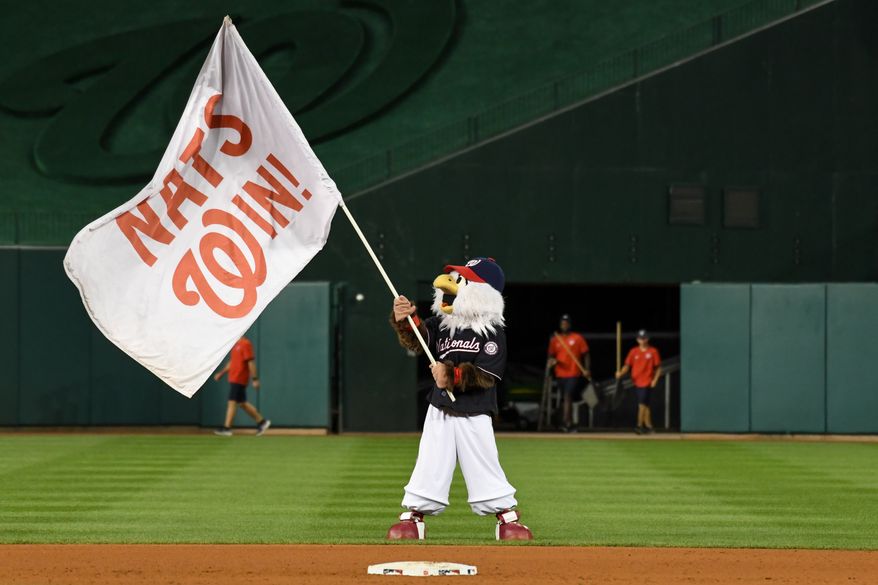Washington Nationals mascot Screech waving the flag after the Nats’ 4-3 victory over the Chicago White Sox at Nationals Park in Washington D.C., September 19, 2023. (Photo by Billy Sabatini/All-Pro Reels)