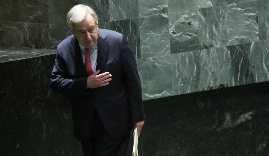 United Nations Secretary-General Antonio Guterres acknowledges the audience applause after addressing the 78th session of the United Nations General Assembly, Tuesday, Sept. 19, 2023 at United Nations headquarters. (AP Photo/Mary Altaffer)
