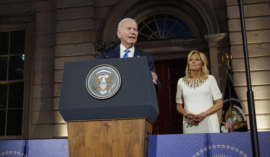 President Joe Biden speaks at a leaders' reception at the Metropolitan Museum of Art in New York, Tuesday, Sept. 19, 2023. Biden is in New York attending the 78th United Nations General Assembly as first lady Jill Biden listens. (AP Photo/Susan Walsh)