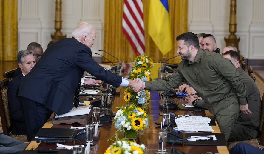 President Joe Biden shakes hands with Ukrainian President Volodymyr Zelenskyy in the East Room of the White House, Thursday, Sept. 21, 2023, in Washington. (AP Photo/Evan Vucci)