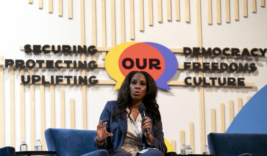 Del. Stacey Plaskett, D-V.I., speaks on a panel about threats to democracy at the Congressional Black Caucus Foundation's annual legislative conference, Thursday, Sept. 21, 2023, in Washington. (AP Photo/Stephanie Scarbrough)