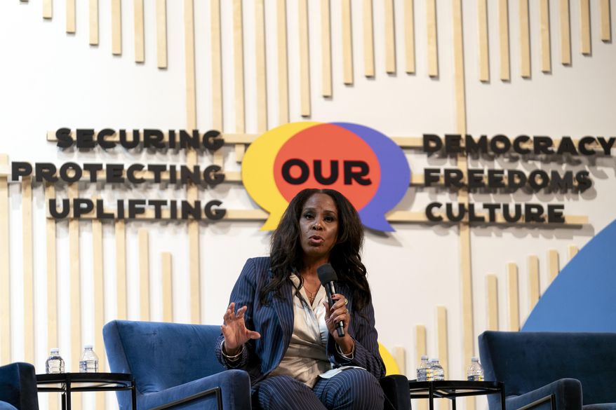 Del. Stacey Plaskett, D-V.I., speaks on a panel about threats to democracy at the Congressional Black Caucus Foundation's annual legislative conference, Thursday, Sept. 21, 2023, in Washington. (AP Photo/Stephanie Scarbrough)