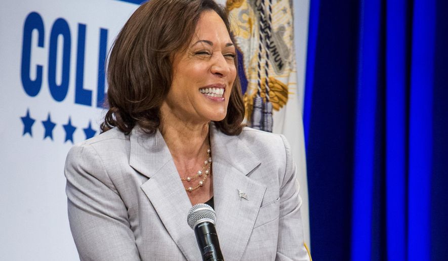 Vice President Kamala Harris laughs as she speaks at Hampton University on Thursday, Sept. 14, 2023, in Hampton, Va. (AP Photo/John C. Clark)