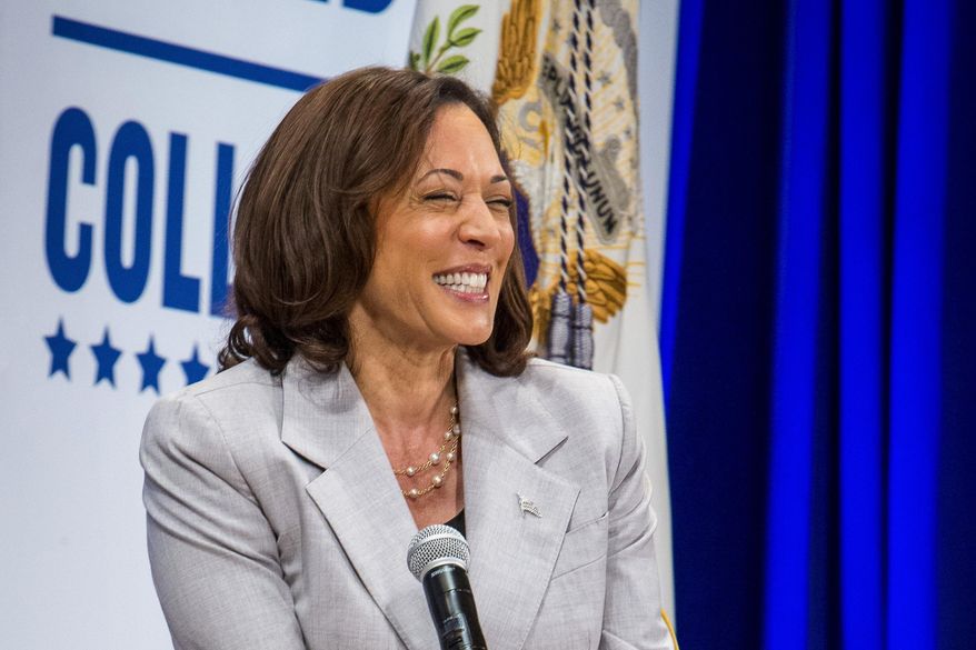 Vice President Kamala Harris laughs as she speaks at Hampton University on Thursday, Sept. 14, 2023, in Hampton, Va. (AP Photo/John C. Clark)