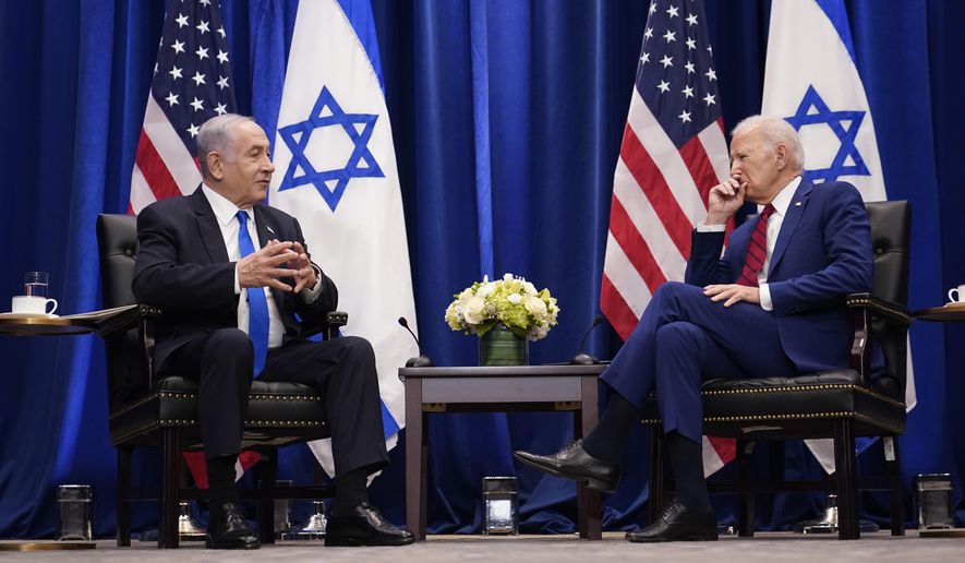 President Joe Biden meets with Israeli Prime Minister Benjamin Netanyahu in New York, Wednesday, Sept. 20, 2023. Biden was in New York to address the 78th United Nations General Assembly. (AP Photo/Susan Walsh)