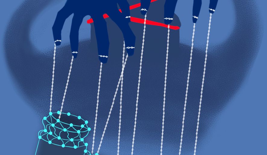 Illustration on regulating AI by Linas Garsys/The Washington Times