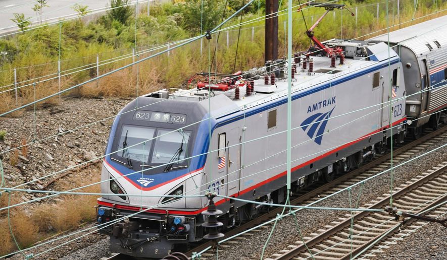 An Amtrak train departs 30th Street Station in Philadelphia on Oct. 27, 2021. (AP Photo/Matt Rourke) **FILE**