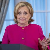 Former Secretary of State Hillary Rodham Clinton jokes with the audience during her speech at her portrait unveiling ceremony, Tuesday, Sept. 26, 2023, at the State Department in Washington. (AP Photo/Jacquelyn Martin) ** FILE **