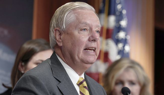 Sen. Lindsey Graham, R-S.C., speaks to the media during a press conference on the border, Wednesday, Sept. 27, 2023, on Capitol Hill in Washington, (AP Photo/Mariam Zuhaib) ** FILE **