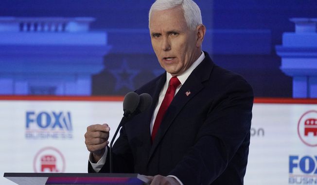 Former Vice President Mike Pence speaks during a Republican presidential primary debate hosted by FOX Business Network and Univision, Wednesday, Sept. 27, 2023, at the Ronald Reagan Presidential Library in Simi Valley, Calif. (AP Photo/Mark J. Terrill)