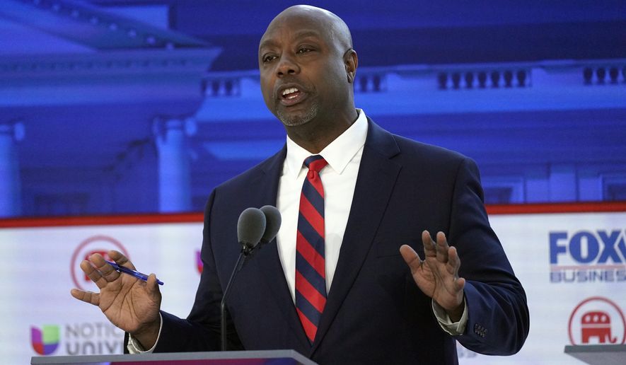 Sen. Tim Scott, R-S.C., speaks during a Republican presidential primary debate hosted by FOX Business Network and Univision, Wednesday, Sept. 27, 2023, at the Ronald Reagan Presidential Library in Simi Valley, Calif. (AP Photo/Mark J. Terrill)