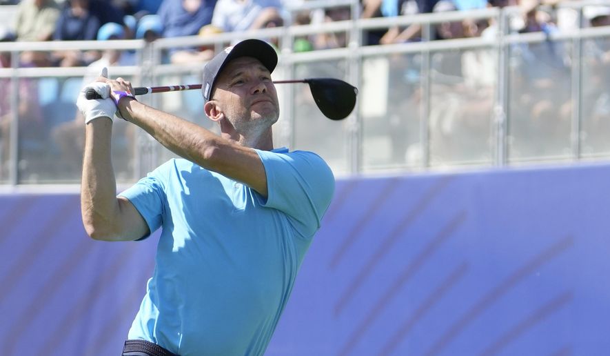Former Ukrainian international soccer player Andriy Shevchenko plays his tee shot on the 1st hole during an all stars golf match between Team Colin Montgomerie and Team Cory Pavin at the Marco Simone Golf Club in Guidonia Montecelio, Italy, Wednesday, Sept. 27, 2023. The Ryder Cup starts Sept. 29, at the Marco Simone Golf Club. (AP Photo/Alessandra Tarantino)