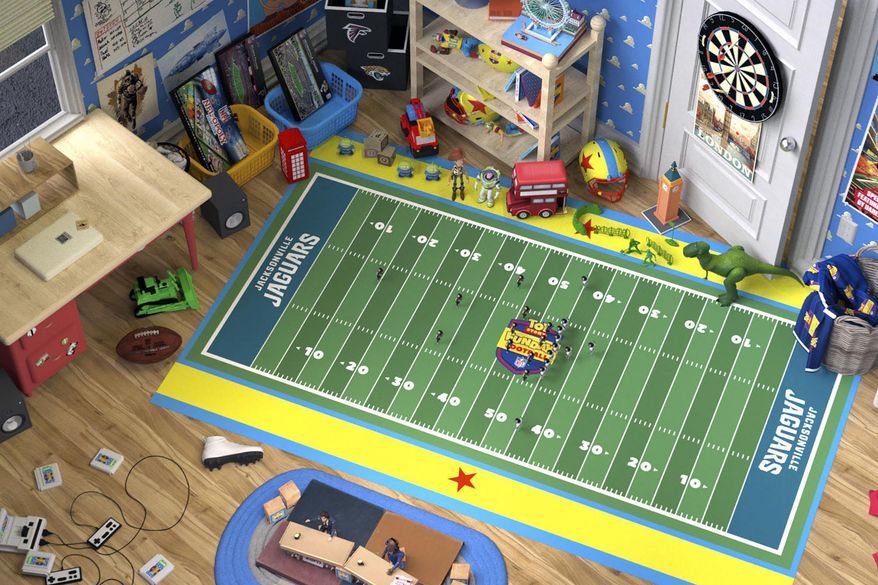 This handout from an animated video provided by ESPN shows a scene inside Andy’s Room from “Toy Story” that will be used for “Toy Story Funday Football,” an alternate broadcast on ESPN+ and Disney+ for the Oct. 1, 2023, game between the Jacksonville Jaguars and Atlanta Falcons. This is the second time ESPN is doing an animated presentation of a game using Disney characters as an alternate broadcast. (ESPN via AP)