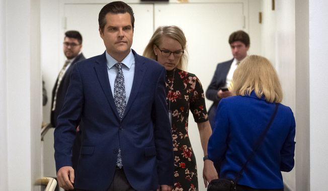 Rep. Matt Gaetz, R-Fla., leaves a meeting on the morning after he filed a motion to strip Speaker of the House Kevin McCarthy, R-Calif., from his leadership role, at the Capitol in Washington, Tuesday, Oct. 3, 2023. (AP Photo/Mark Schiefelbein)