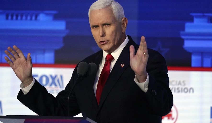 Former Vice President Mike Pence speaks during a Republican presidential primary debate hosted by FOX Business Network and Univision, Wednesday, Sept. 27, 2023, at the Ronald Reagan Presidential Library in Simi Valley, Calif. (AP Photo/Mark J. Terrill)