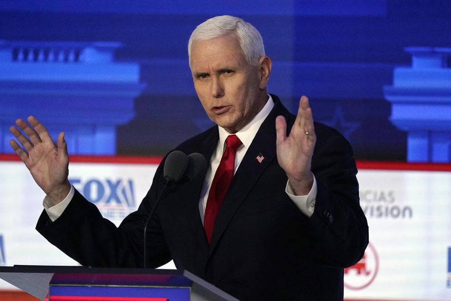 Former Vice President Mike Pence speaks during a Republican presidential primary debate hosted by FOX Business Network and Univision, Wednesday, Sept. 27, 2023, at the Ronald Reagan Presidential Library in Simi Valley, Calif. (AP Photo/Mark J. Terrill)